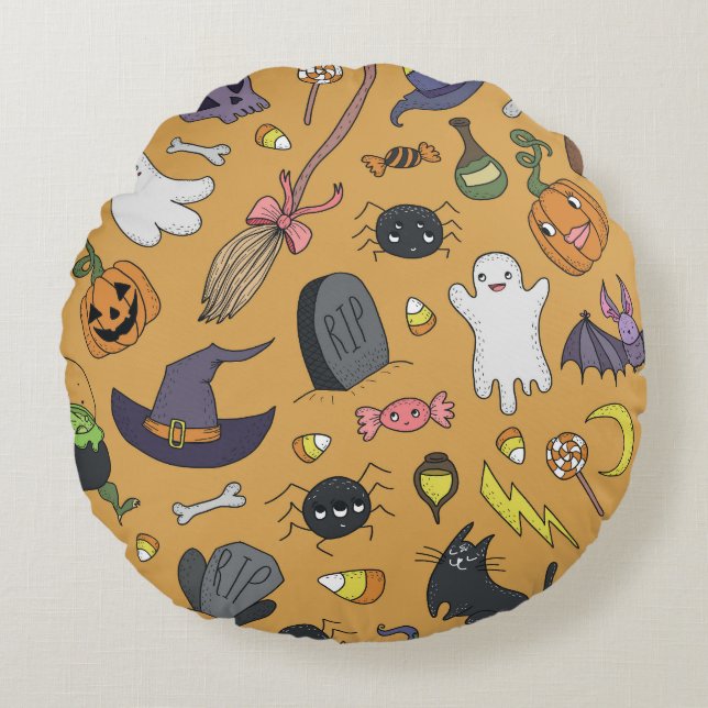 Halloween Doodle Objects Seamless Pattern Round Pillow (Front)