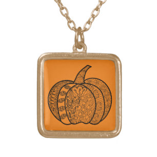 Halloween doodles boho mandala pumpkins Autumn Gold Plated Necklace