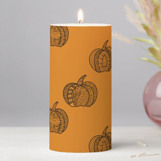 Halloween doodles boho mandala pumpkins Autumn Pillar Candle (In Situ)