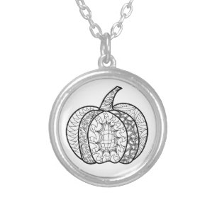 Halloween doodles boho mandala pumpkins Autumn Silver Plated Necklace