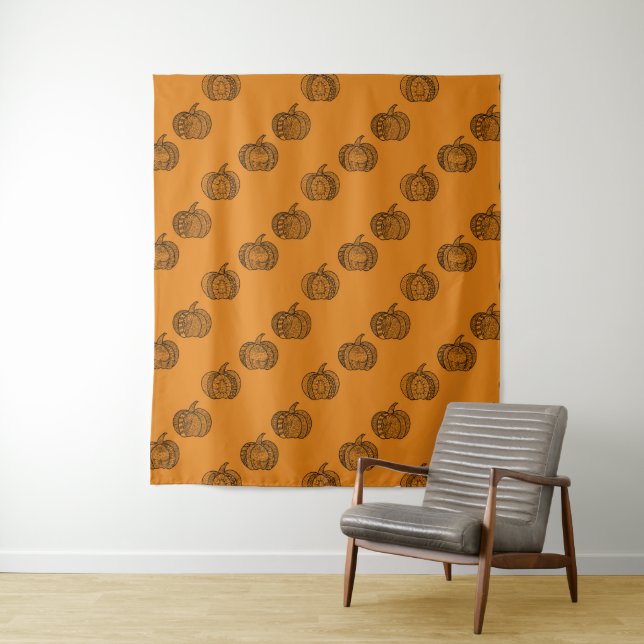Halloween doodles boho mandala pumpkins Autumn Tapestry (In Situ)