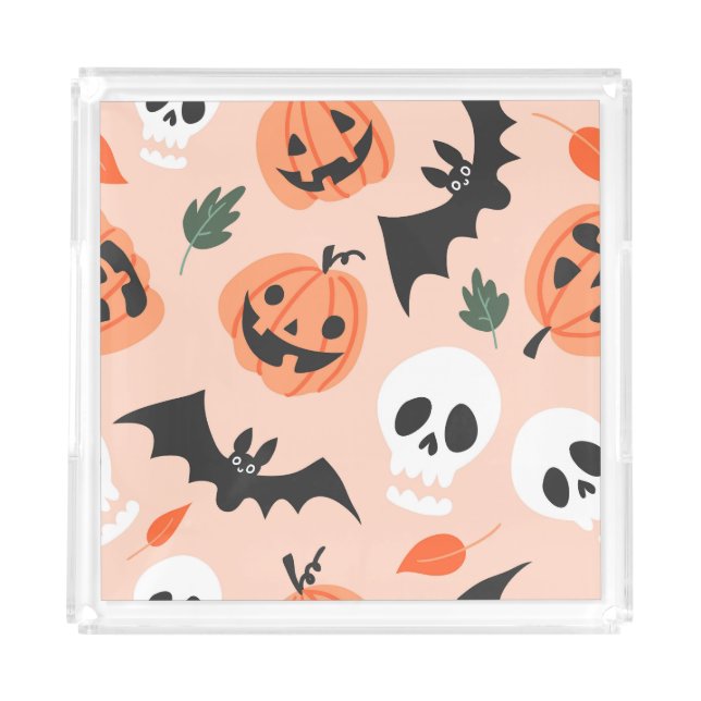 Halloween doodles, pumpkins, bats pattern. acrylic tray (Front)