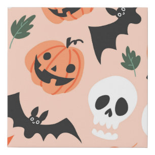 Halloween doodles, pumpkins, bats pattern. faux canvas print