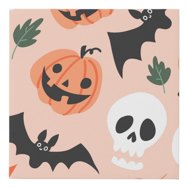 Halloween doodles, pumpkins, bats pattern. faux canvas print (Front)