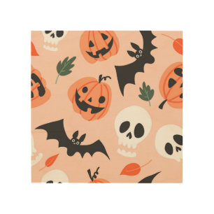 Halloween doodles, pumpkins, bats pattern. wood wall art