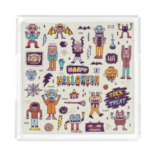 Halloween doodles, wacky cartoon seamless set. acrylic tray