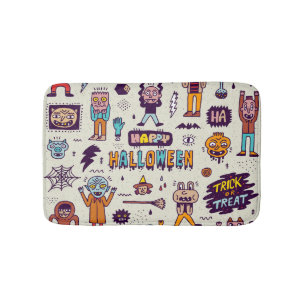 Halloween doodles, wacky cartoon seamless set. bath mat
