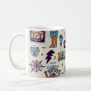 Halloween doodles, wacky cartoon seamless set. coffee mug