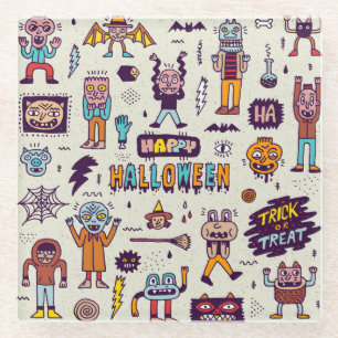 Halloween doodles, wacky cartoon seamless set. glass coaster