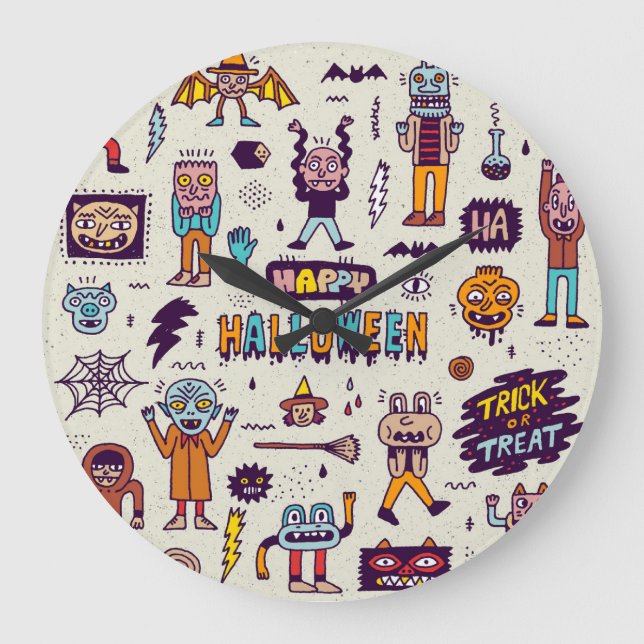 Halloween doodles, wacky cartoon seamless set. large clock (Front)