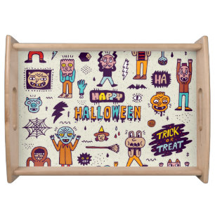 Halloween doodles, wacky cartoon seamless set. serving tray