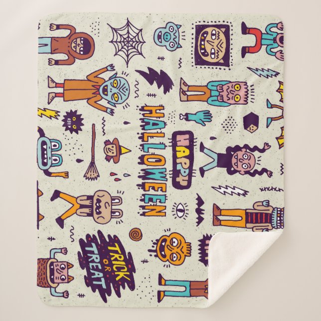 Halloween doodles, wacky cartoon seamless set. sherpa blanket (Front)