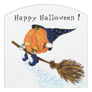 Halloween Door Sign Witch Pumpkin Flying Broom