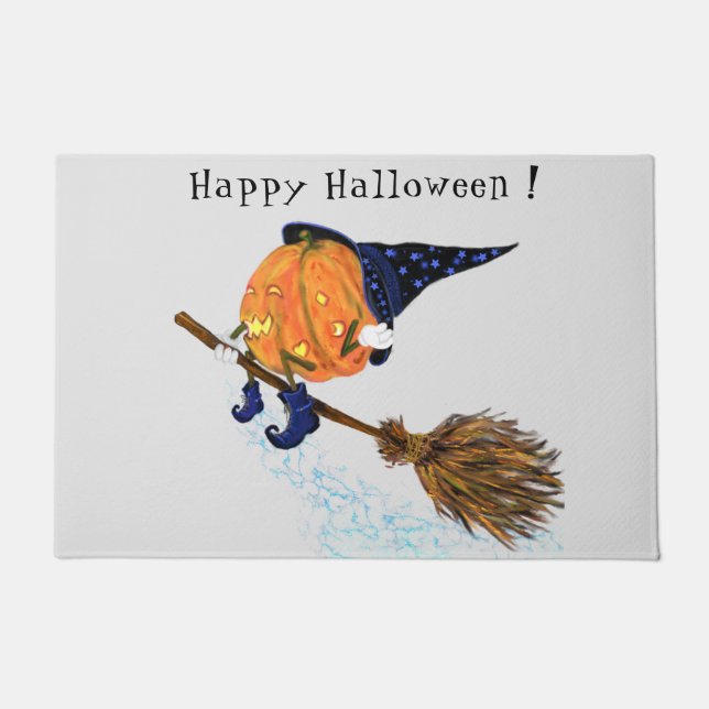 Halloween Doormat Witch Pumpkin Flying Broom (Front)