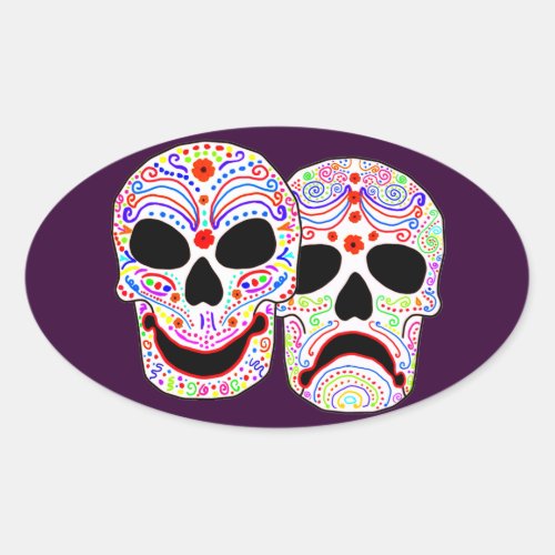 Halloween DOTD Comedy_Tragedy Skulls Oval Sticker