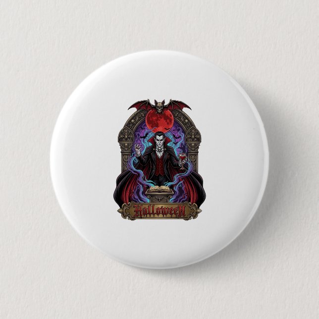 Halloween Dracula Red Moon Bats Skull_1 Button (Front)