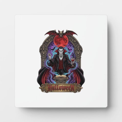 Halloween Dracula Red Moon Bats Skull_1 Plaque