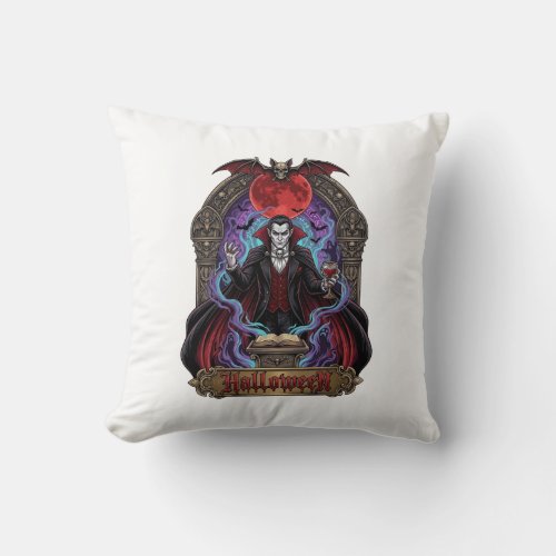 Halloween Dracula Red Moon Bats Skull_1 Throw Pillow