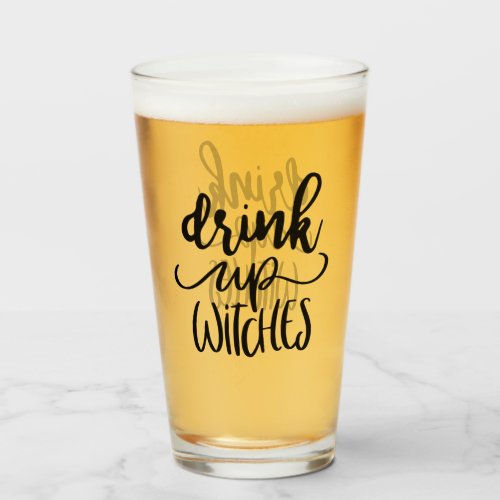 Halloween Drink up Witches Hand Lettering Glass