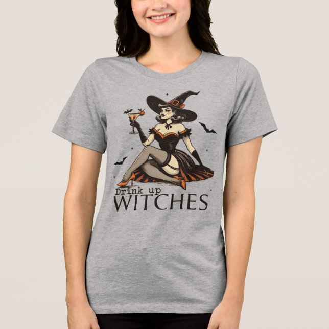 Halloween Drink Up Witches Retro Tri-Blend Shirt (Front)