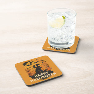 Halloween duo in moonlight beverage coaster