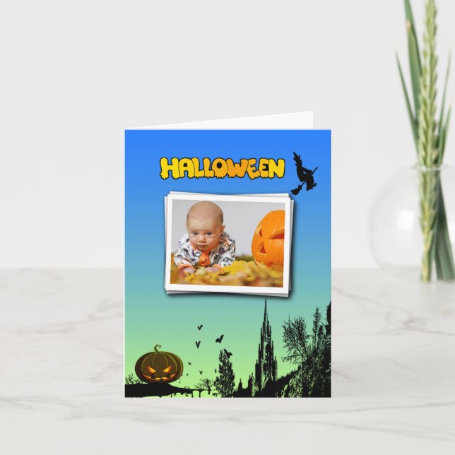 Halloween Dusk with Witch Add Photo Frame Card (Front)