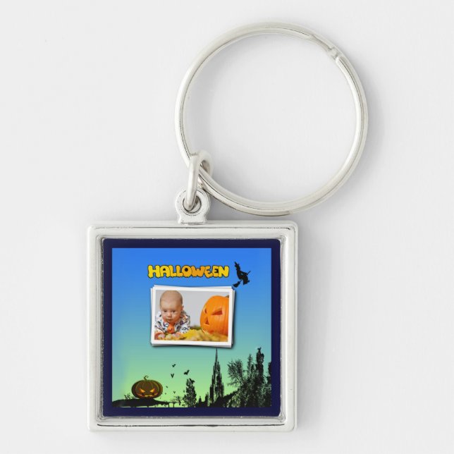 Halloween Dusk with Witch Add Photo Frame Keychain (Front)
