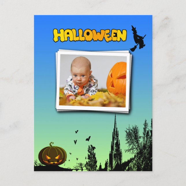 Halloween Dusk with Witch Add Photo Frame Postcard (Front)