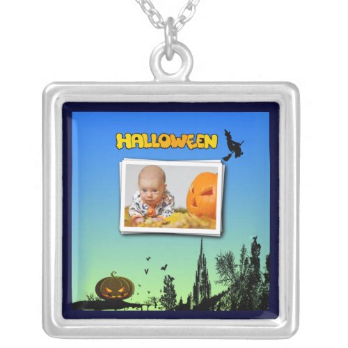 Halloween Dusk with Witch Add Photo Frame Silver Plated Necklace
