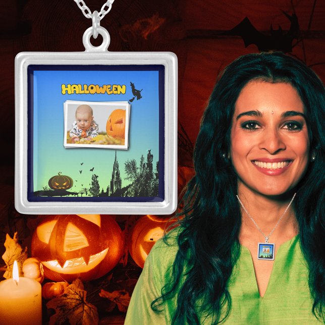 Halloween Dusk with Witch Add Photo Frame Silver Plated Necklace (Halloween Dusk with Witch Add Photo Frame Silver Plated Necklace)