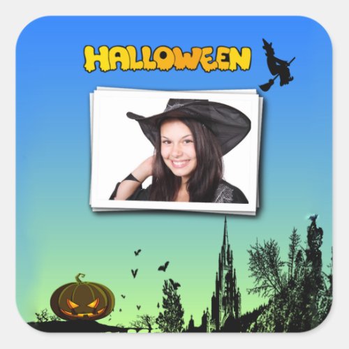 Halloween Dusk with Witch Add Photo Frame Square Sticker