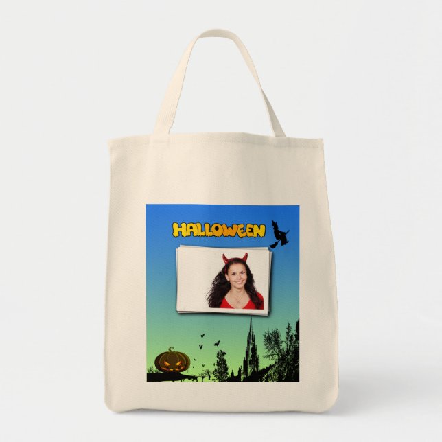 Halloween Dusk with Witch Add Photo Frame Tote Bag (Front)