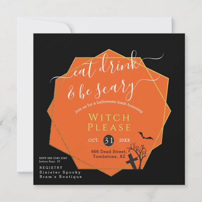  Halloween Eat Drink be Scary Black Orange Parody  Invitation (Front)
