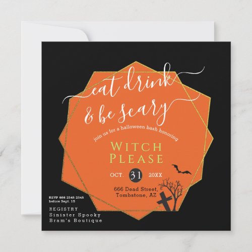  Halloween Eat Drink be Scary Black Orange Parody  Invitation