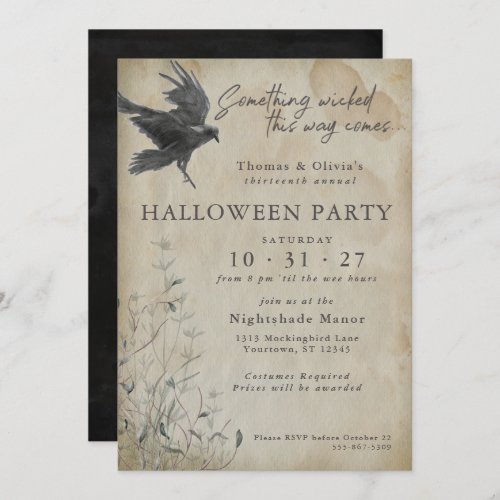 Halloween  Eerie Gothic Watercolor Raven Invitation