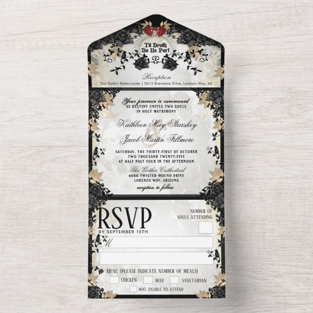 Halloween Elegant Black Rose Skeletons MENU RSVP  All In One Invitation (Inside)