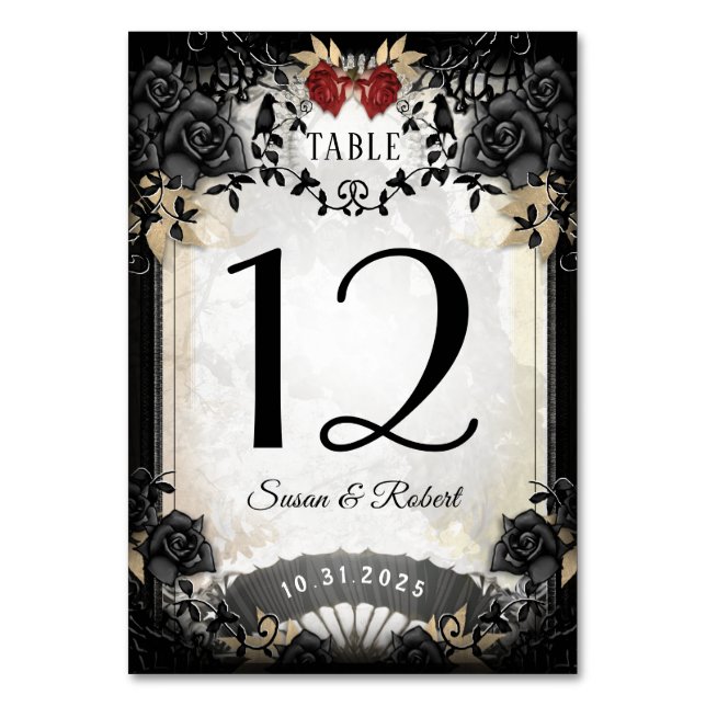 Halloween Elegant Black Rose Table Number Card (Front)