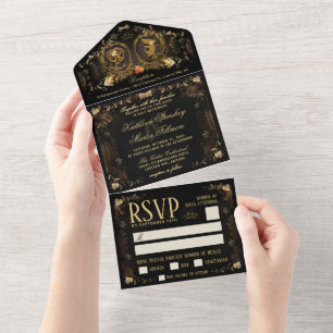 Halloween Elegant Golden Skeletons - MENU RSVP All In One Invitation