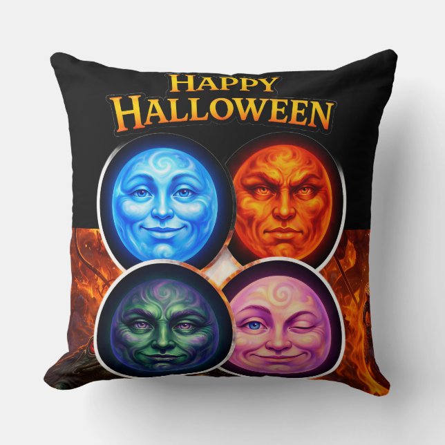 Halloween elemental moon faces, Gothic fantasy squ Throw Pillow (Front)