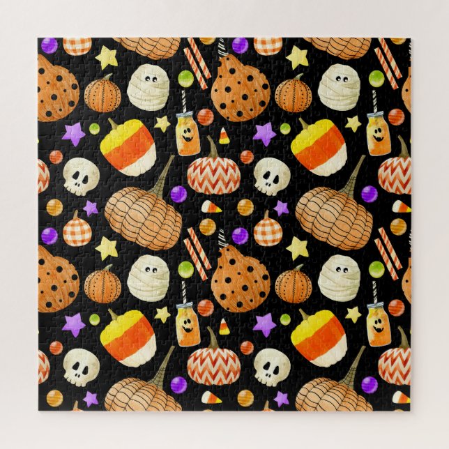 Halloween elements: pumpkins, skull, mummy pattern jigsaw puzzle (Vertical)