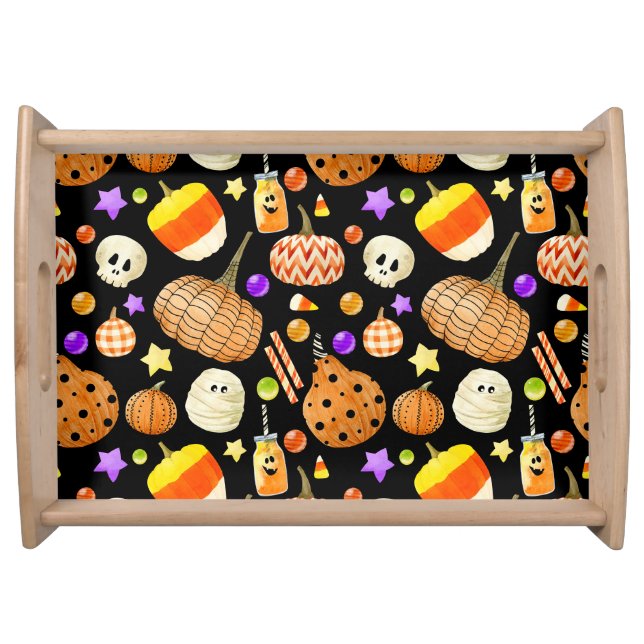 Halloween elements: pumpkins, skull, mummy pattern serving tray (Front)