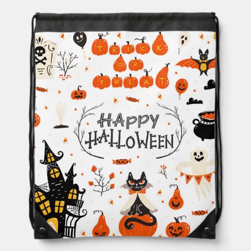 Halloween Elements Vintage Set Design Drawstring Bag