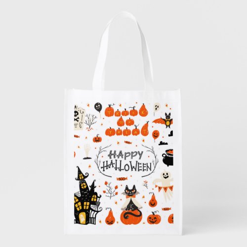 Halloween Elements Vintage Set Design Grocery Bag