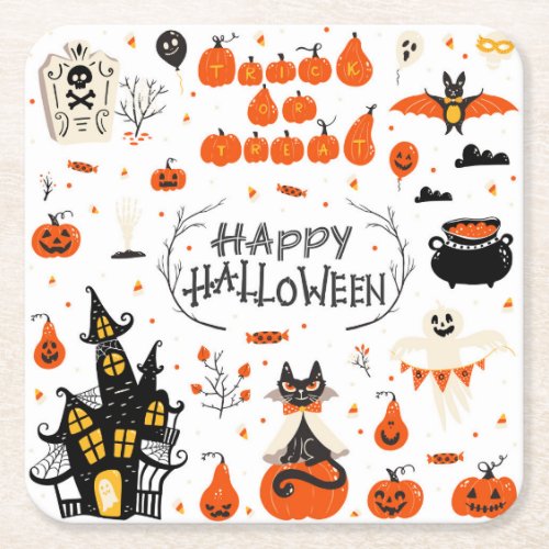 Halloween Elements Vintage Set Design Square Paper Coaster