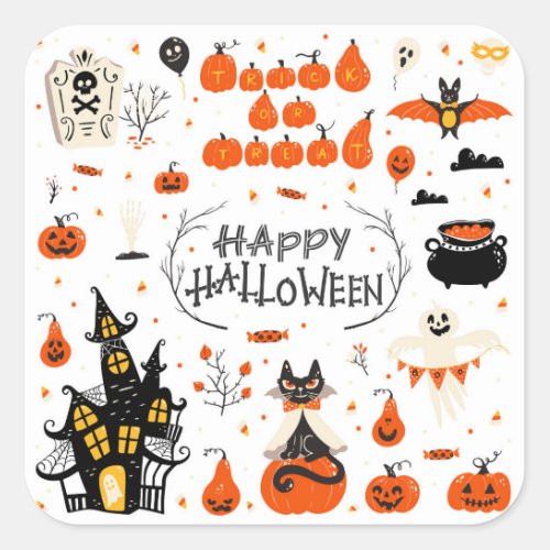 Halloween Elements Vintage Set Design Square Sticker