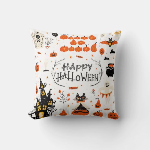 Halloween Elements Vintage Set Design Throw Pillow