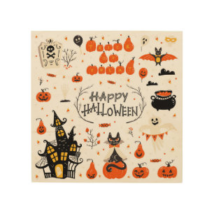 Halloween Elements Vintage Set Design Wood Wall Art
