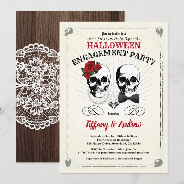 Halloween engagement party invitation. Black red Invitation (Front/Back)