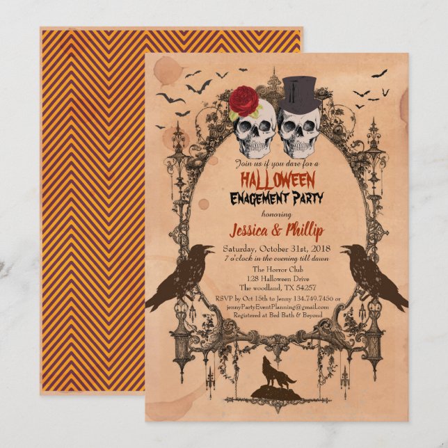Halloween engagement party invitation sugar skull (Front/Back)