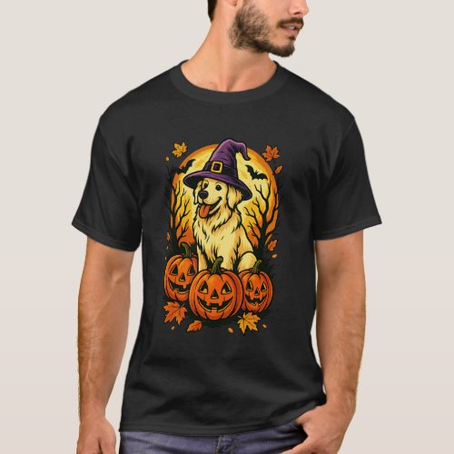 Halloween English Cream Golden Retriever Witch Hat T-Shirt